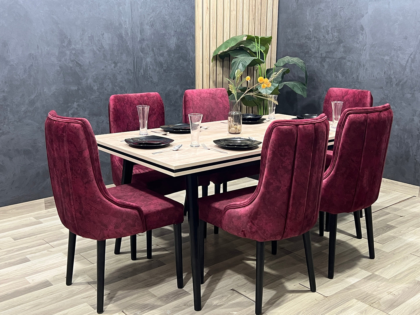 6-Seater Dining Table – Velvet Chairs, 180x90cm