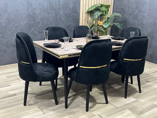 6-Seater Dining Table – Velvet Chairs, 180x90cm