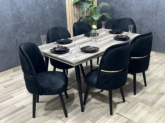 6-Seater Dining Table – Velvet Chairs, 180x90cm