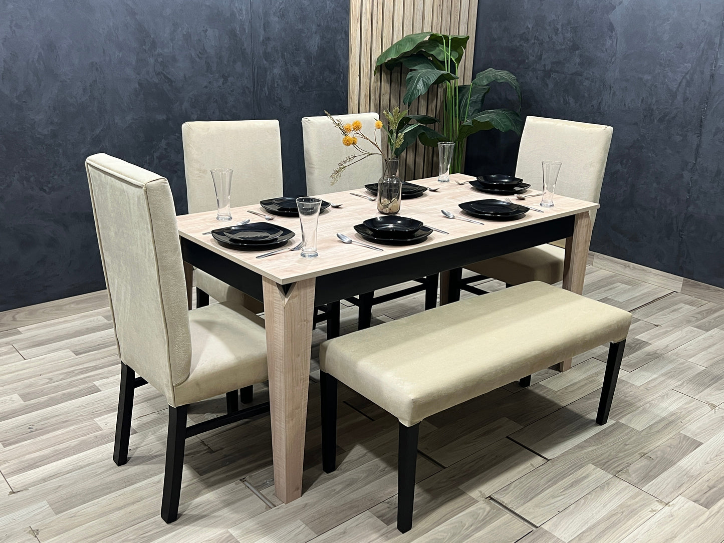 4-Seater Dining Table – Velvet Chairs, 160x80cm
