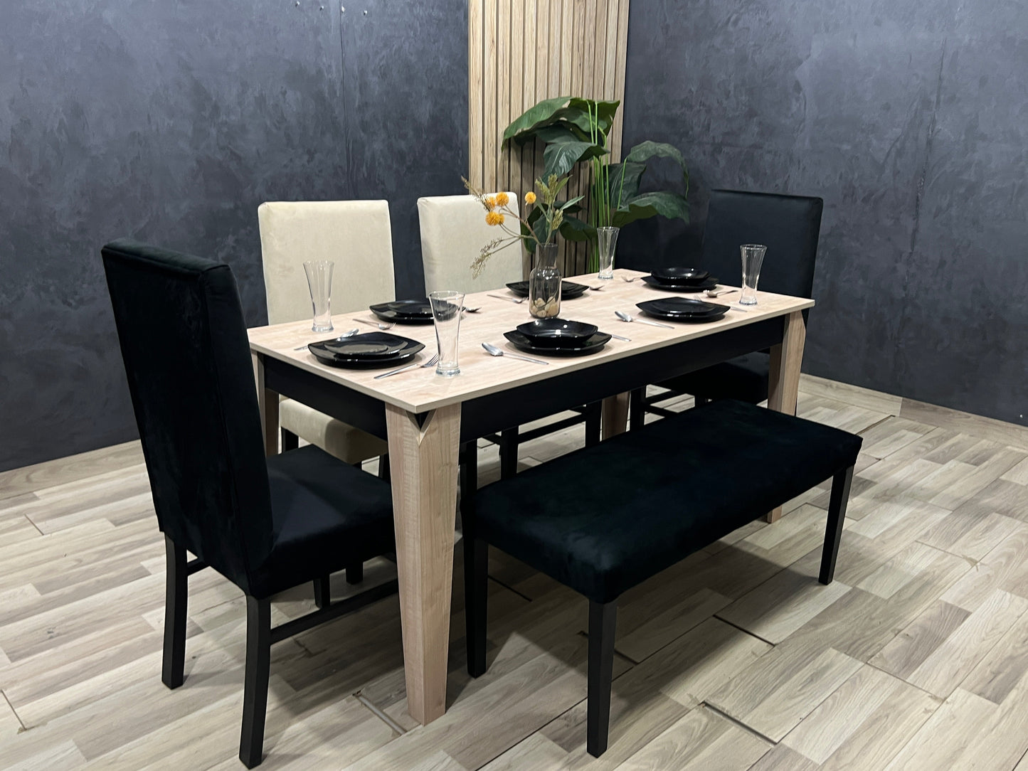 4-Seater Dining Table – Velvet Chairs, 160x80cm