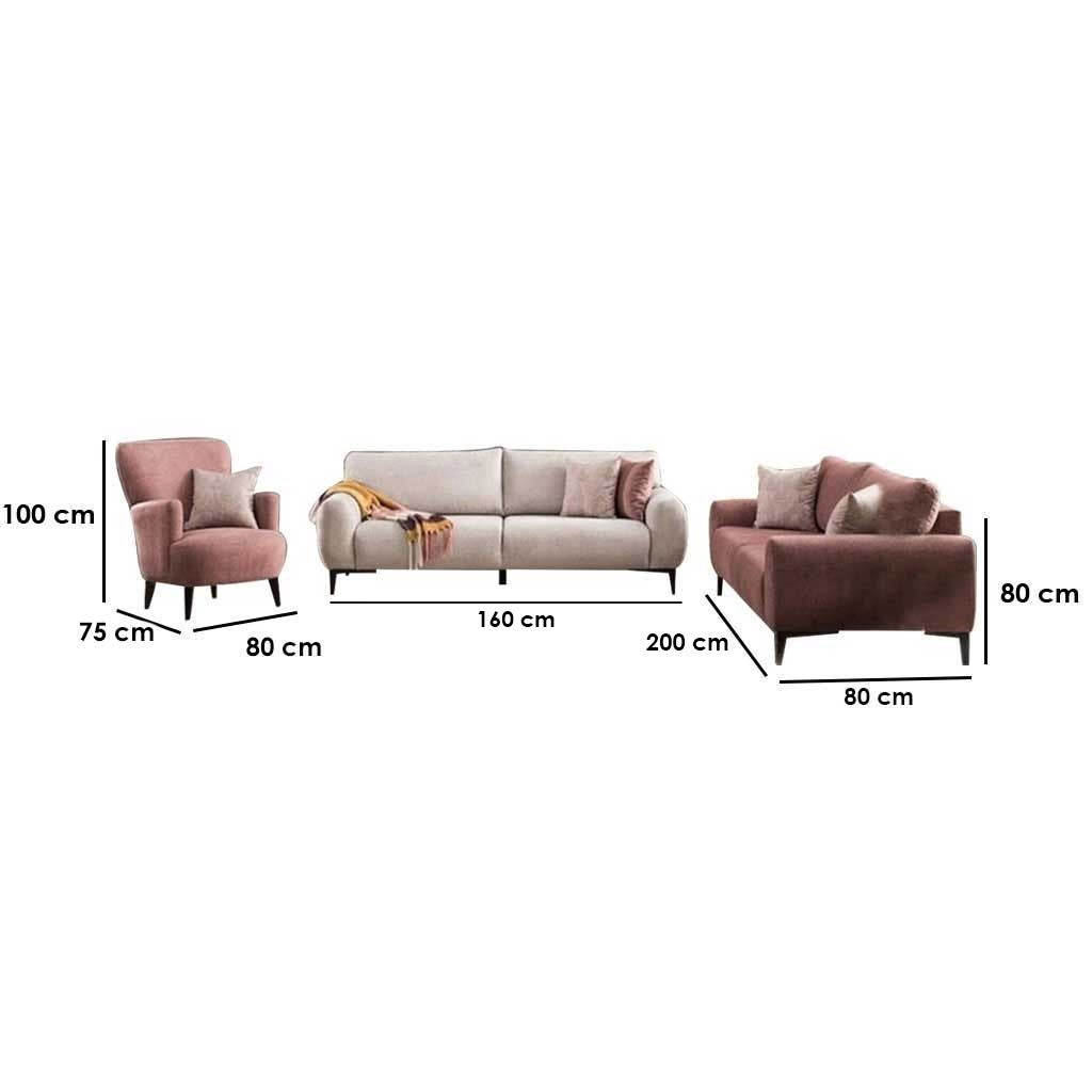 3-Piece Living Room Set – Off-White & Pink, Velvet