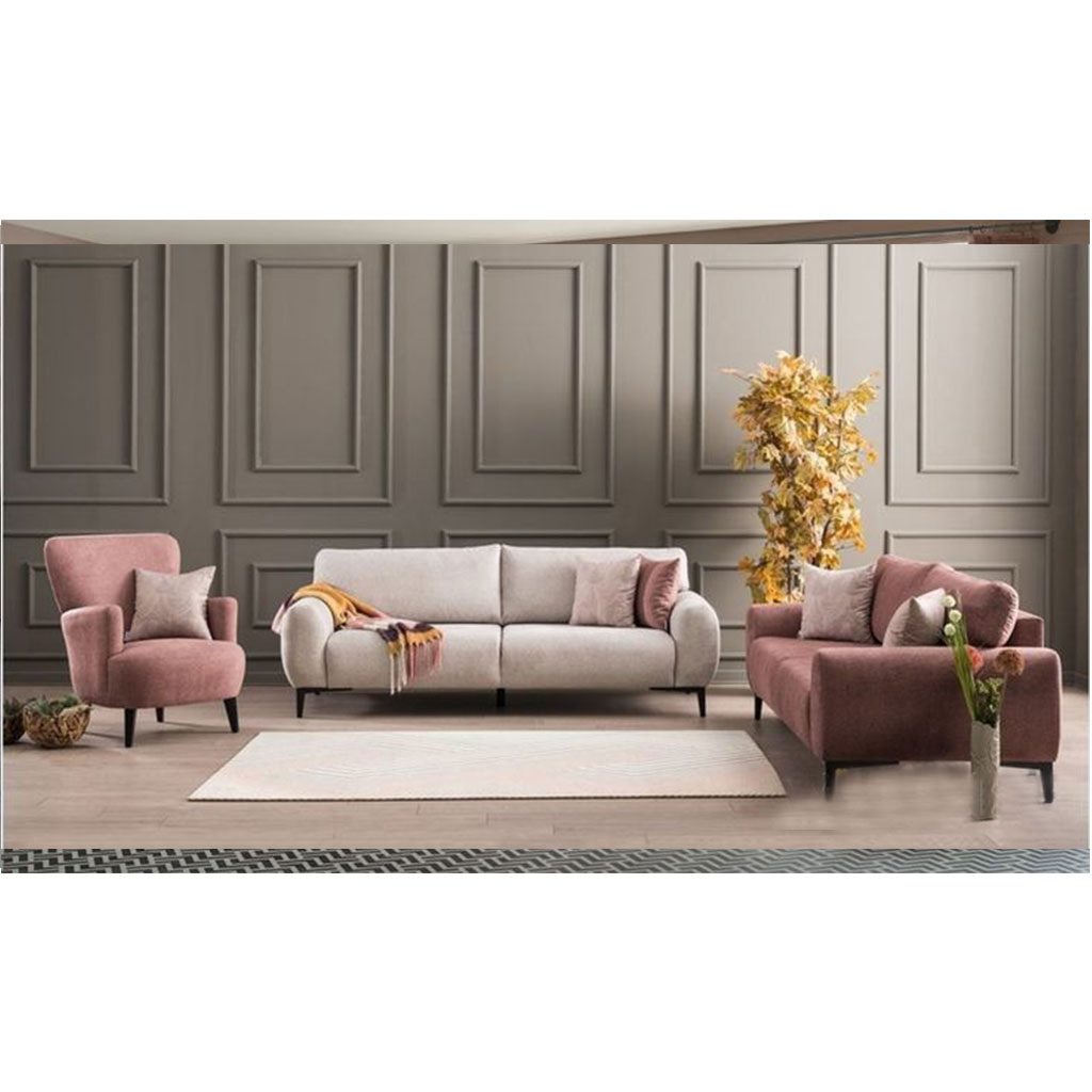 3-Piece Living Room Set – Off-White & Pink, Velvet