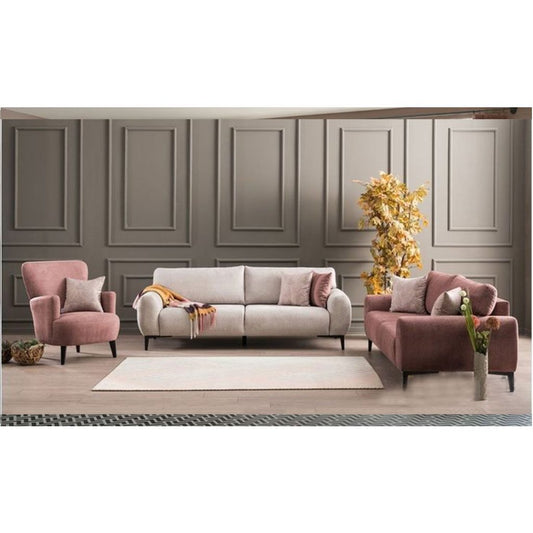 3-Piece Living Room Set – Off-White & Pink, Velvet