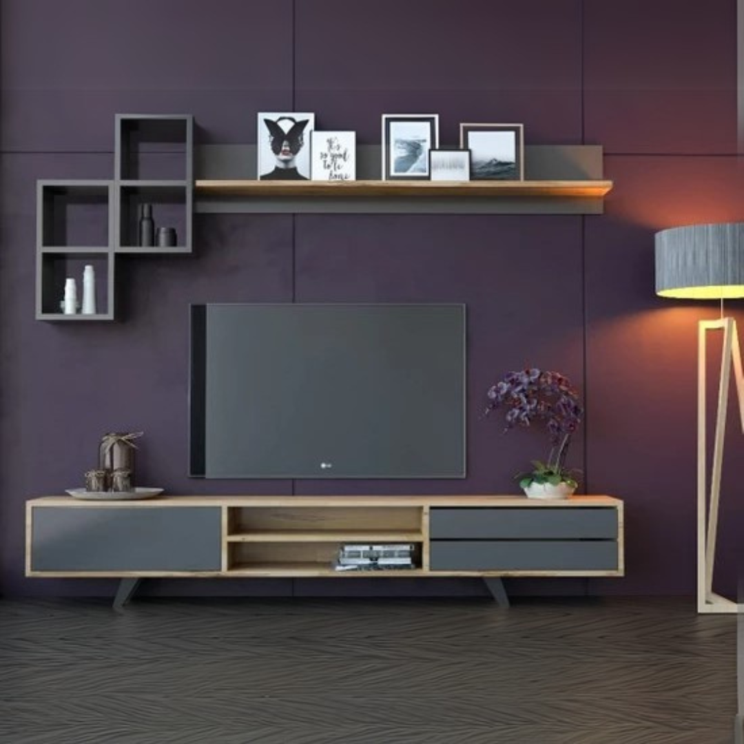 Large TV Unit – Black & Wooden, 180x40cm