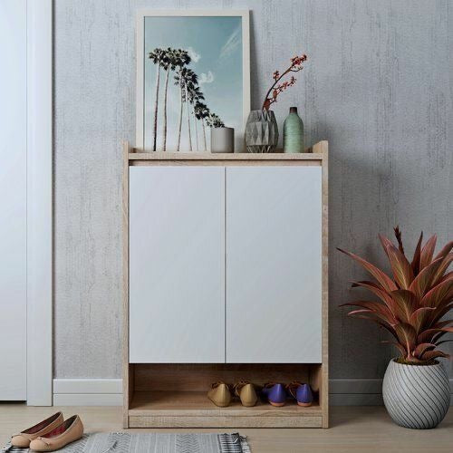 Slim Shoe Rack – White & Wooden, 80x40cm