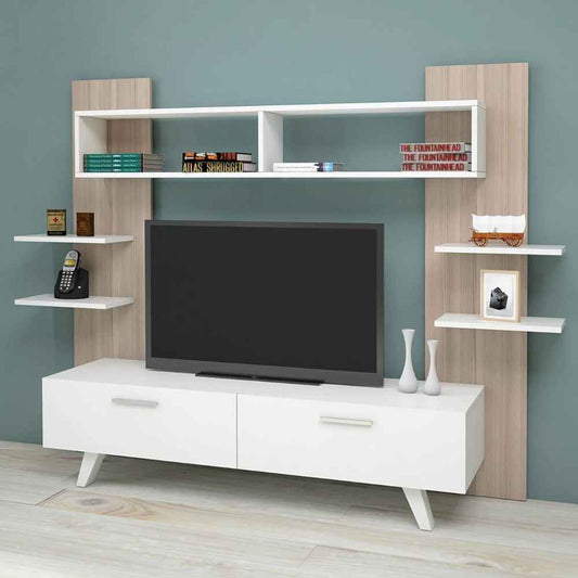 Large TV Unit – White & Wooden, 180x40cm